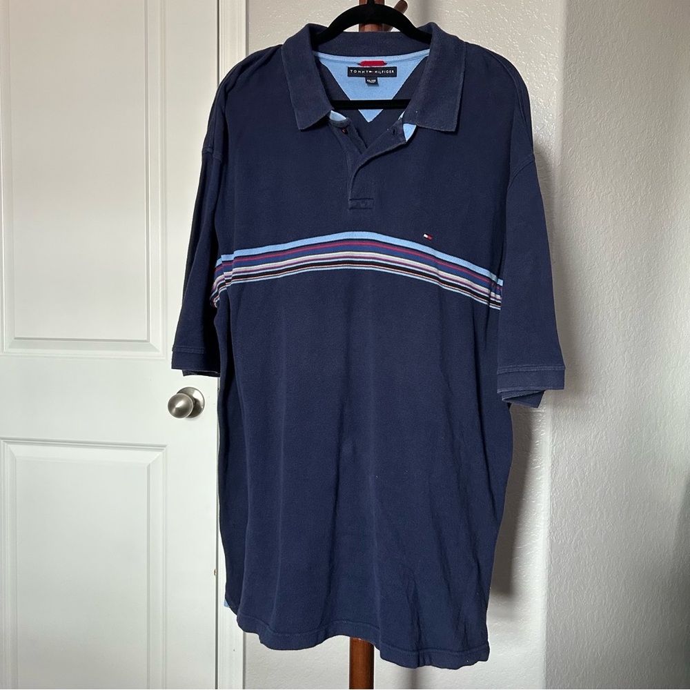 M Tommy Hilfiger Blue Chest Striped Polo Shirt Size XXL |A109